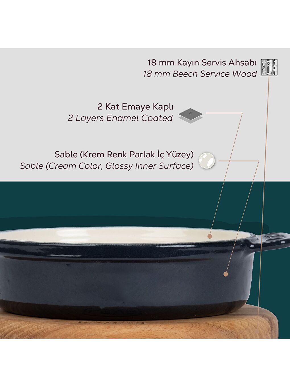 LAVA Mavi Yuvarlak Güveç Kabı Döküm Demir Yekpare Çift Kulplu Kayın Servis Ahşabı Çap(Ø)14cm Sable Mavi - 5