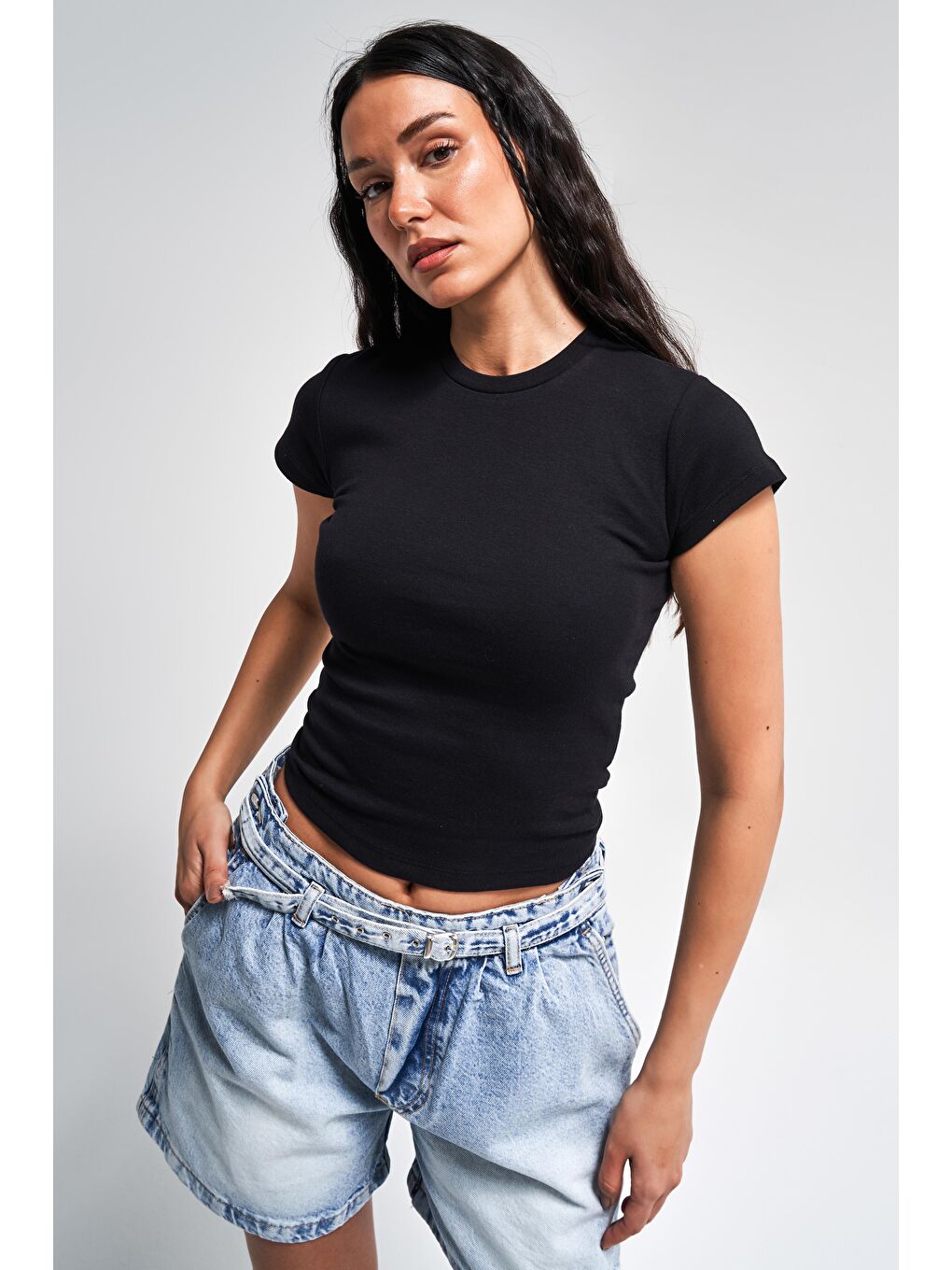 Kadın Siyah Renk s5-1 Süper Esnek Kumaş %100 Pamuk Bisiklet Yaka Basic Body-3