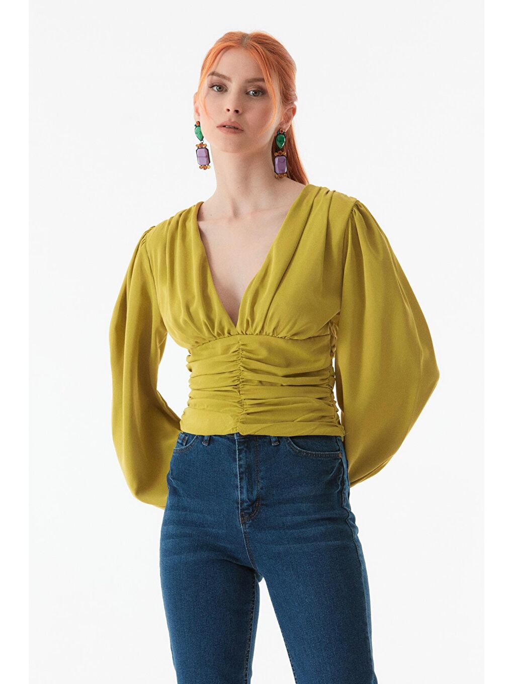 Yeşil Büzgülü V Yaka Bluz-1