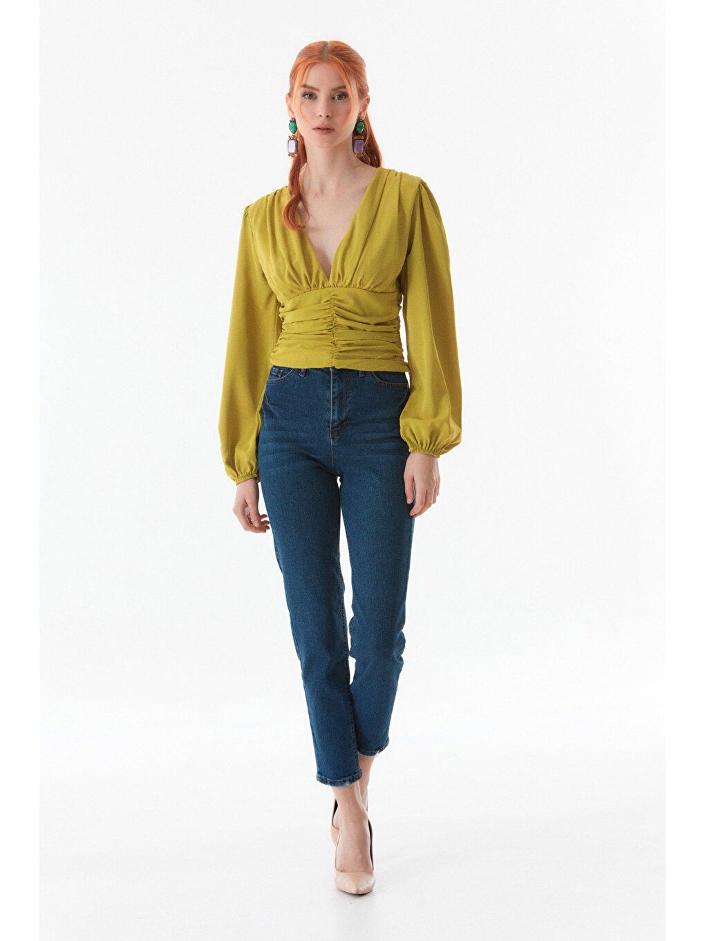 Yeşil Büzgülü V Yaka Bluz-2