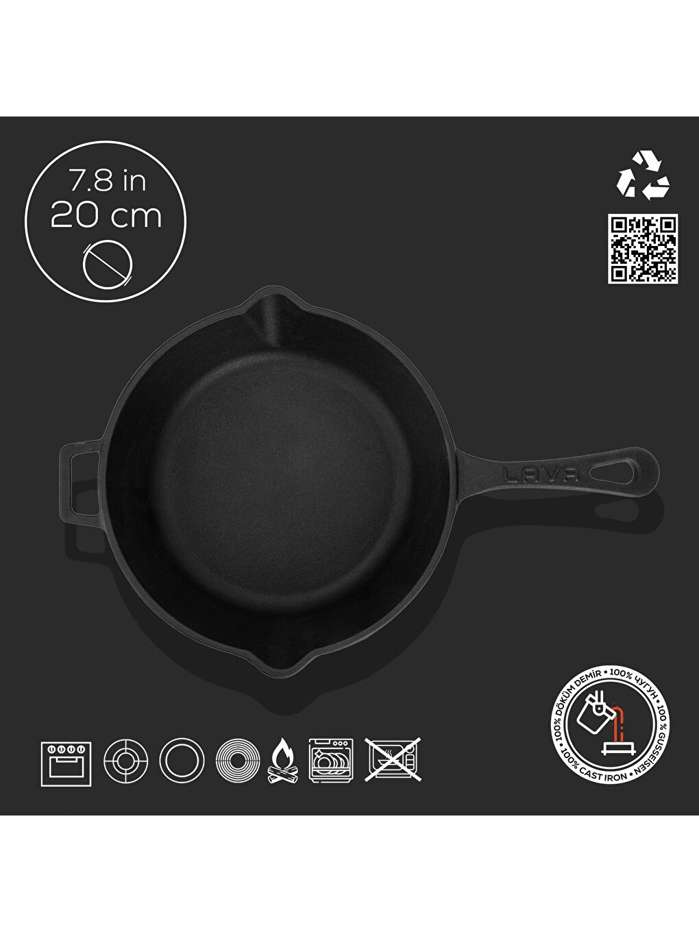 Siyah Yuvarlak Kızartma Tavası Döküm Demir Yekpare Saplı. Çap(Ø)24cm-3