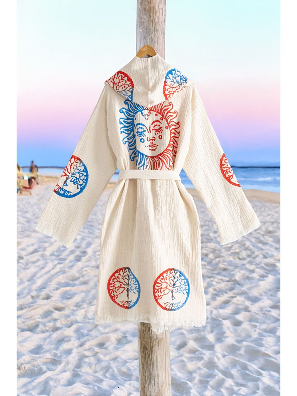 Ekru Organik %100 Pamuk Kapüşonlu Sabalık Bornoz Plaj Elbisesi - Dualis-1