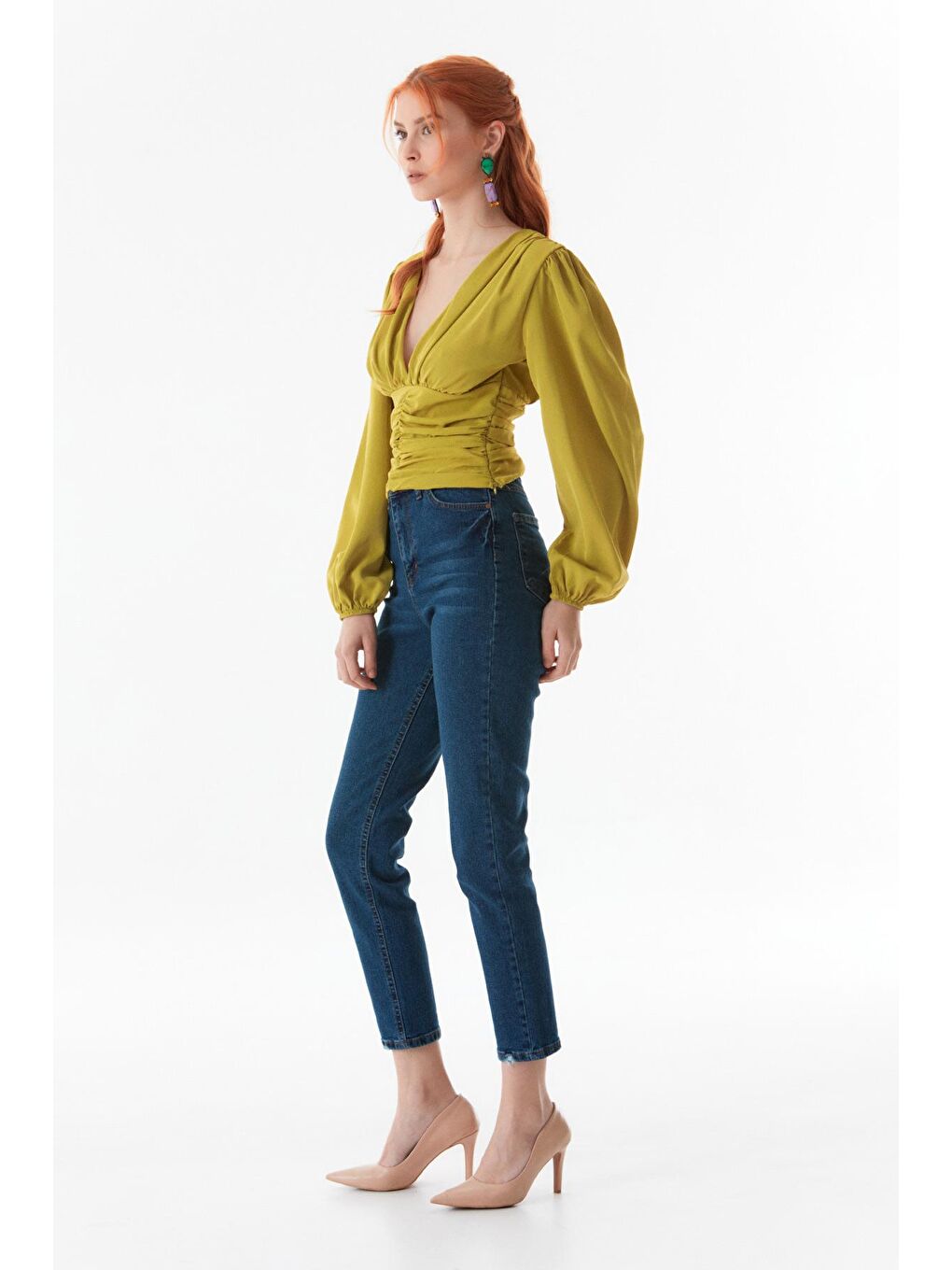 Yeşil Büzgülü V Yaka Bluz-3