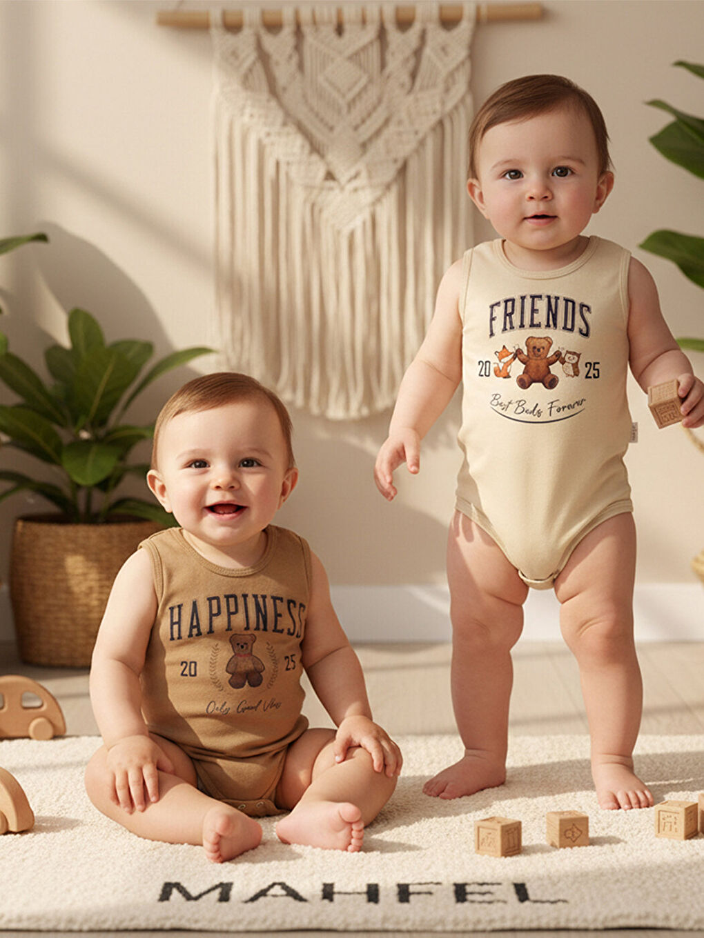 Kahverengi 2'Li Atlet %100 Pamuklu Çıtçıtlı Bebek Body Zıbın 879-780-1
