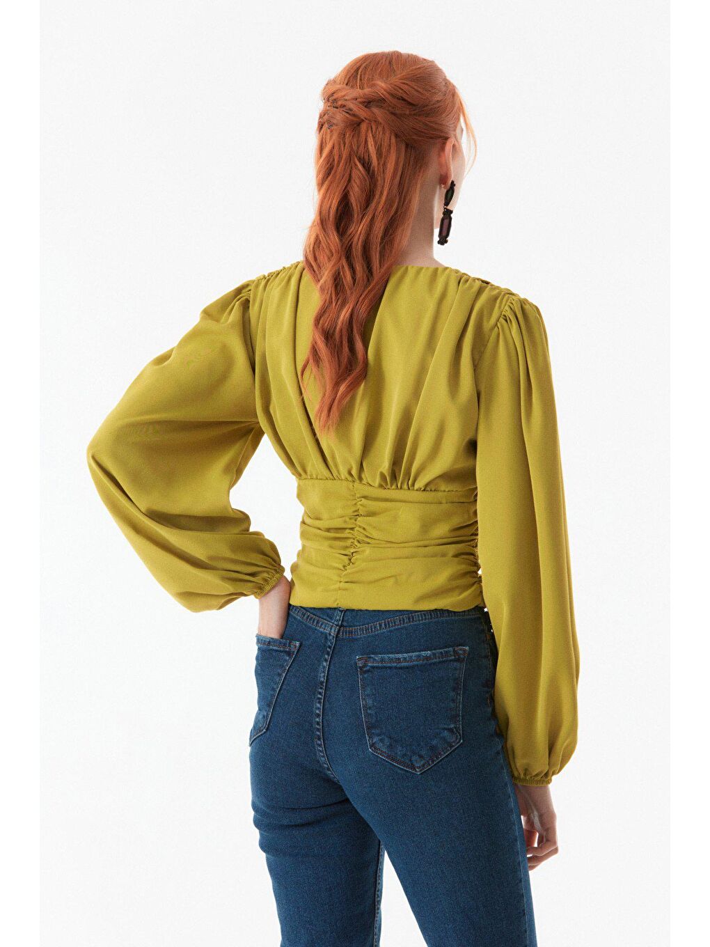 Yeşil Büzgülü V Yaka Bluz-4