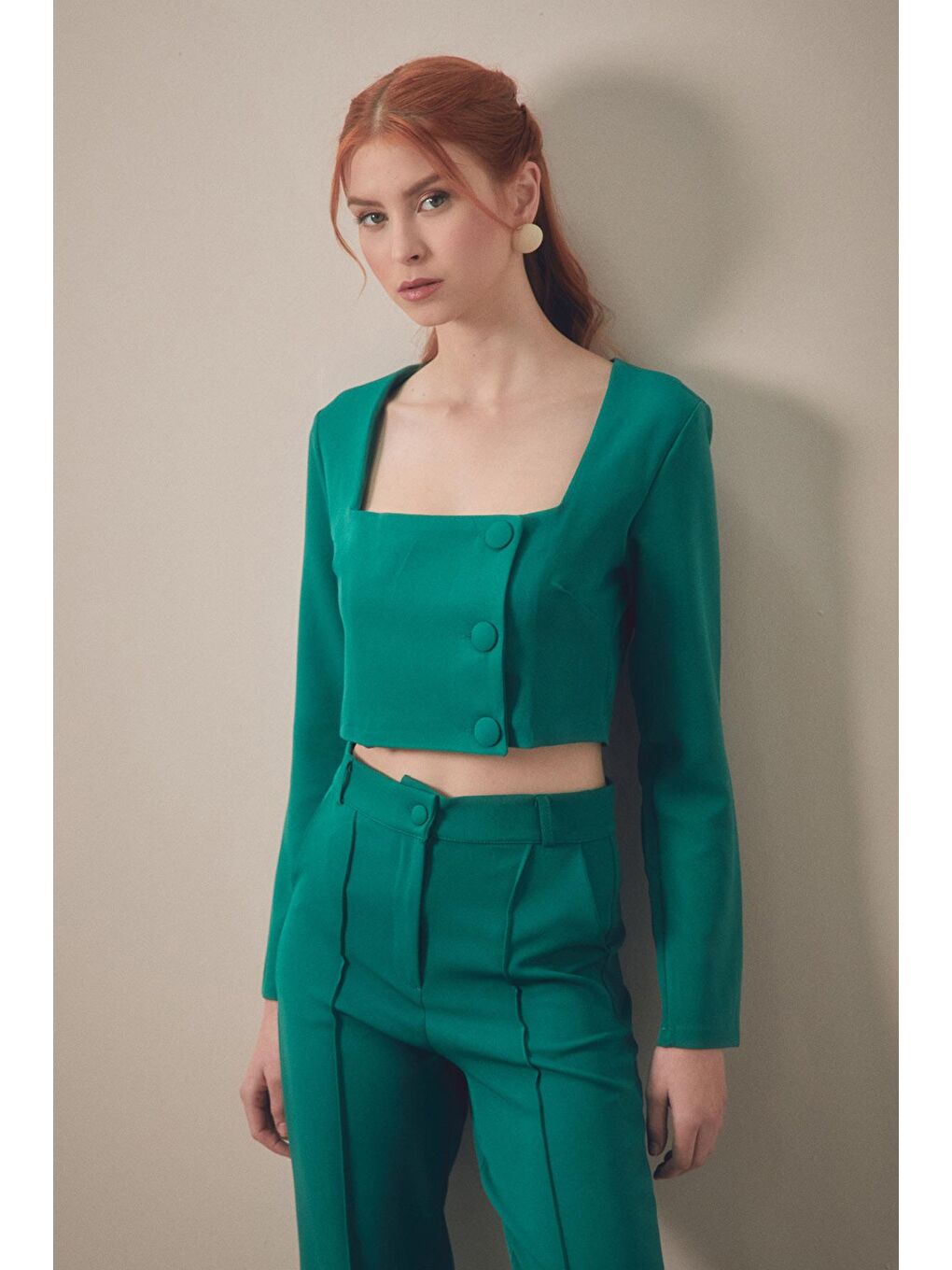 Yeşil Basic Düğmeli Crop Bluz-1