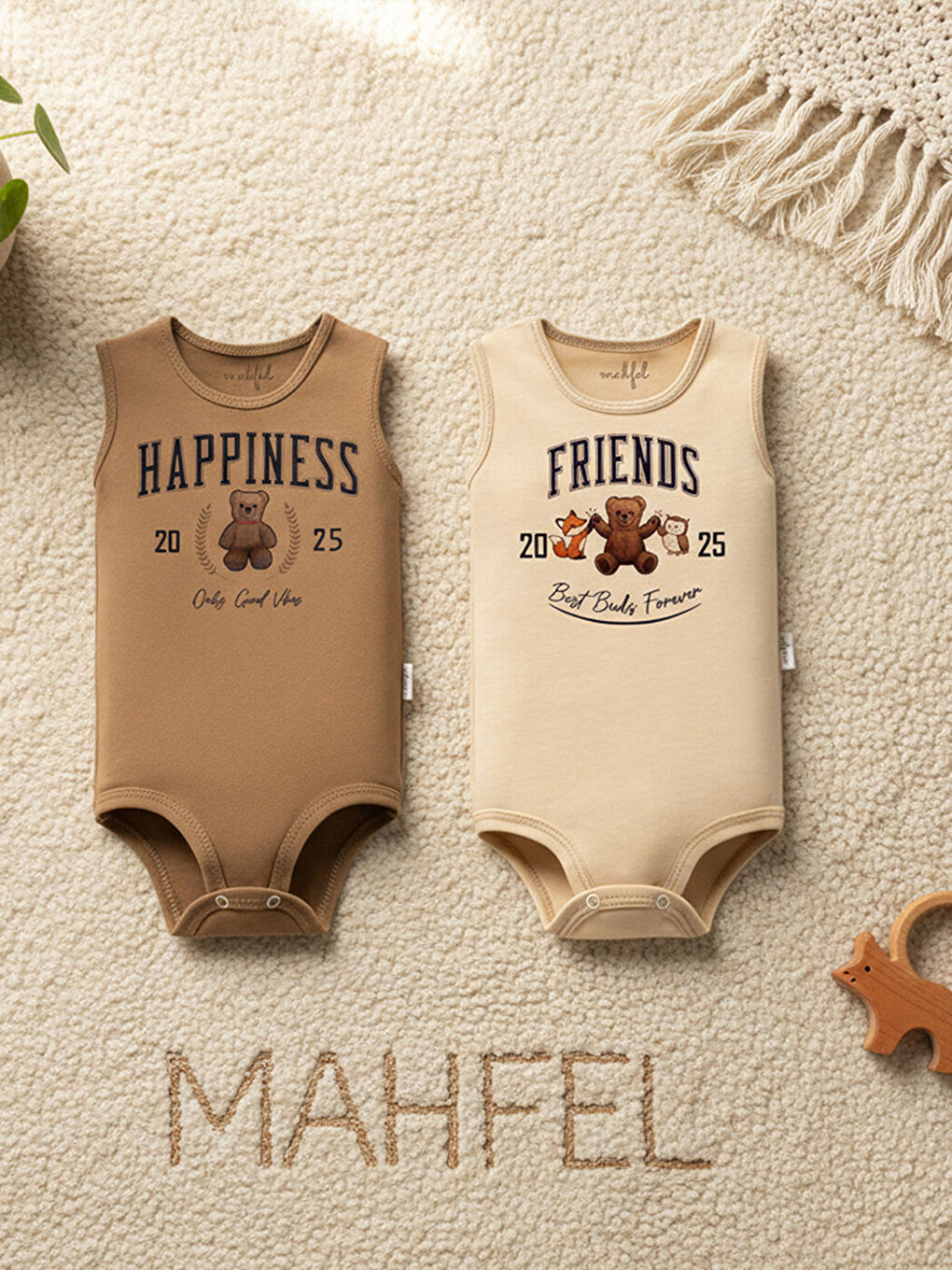 Kahverengi 2'Li Atlet %100 Pamuklu Çıtçıtlı Bebek Body Zıbın 879-780-2