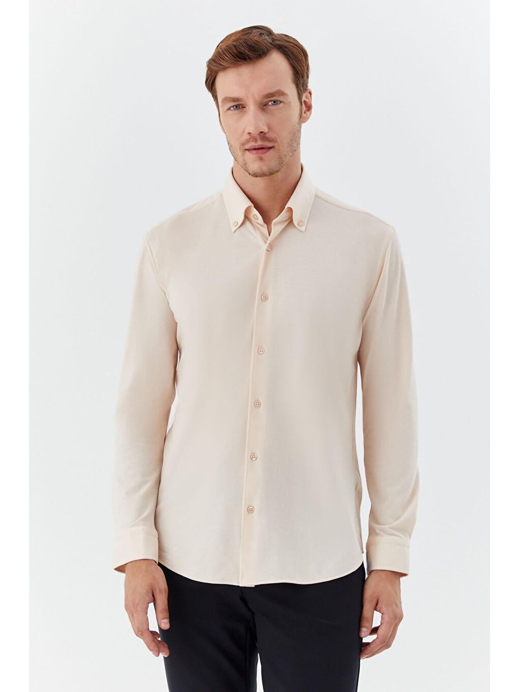 Ekru Erkek Krem Slim Fit Düğmeli Yaka Uzun Kollu Gömlek