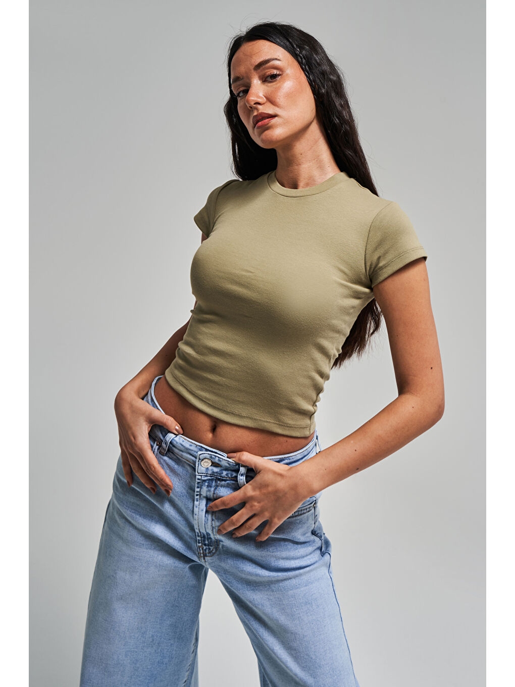 Kadın Haki Renk s5-15 Süper Esnek Kumaş %100 Pamuk Bisiklet Yaka Basic Body