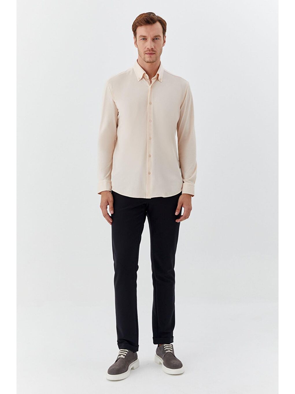 Ekru Erkek Krem Slim Fit Düğmeli Yaka Uzun Kollu Gömlek-1