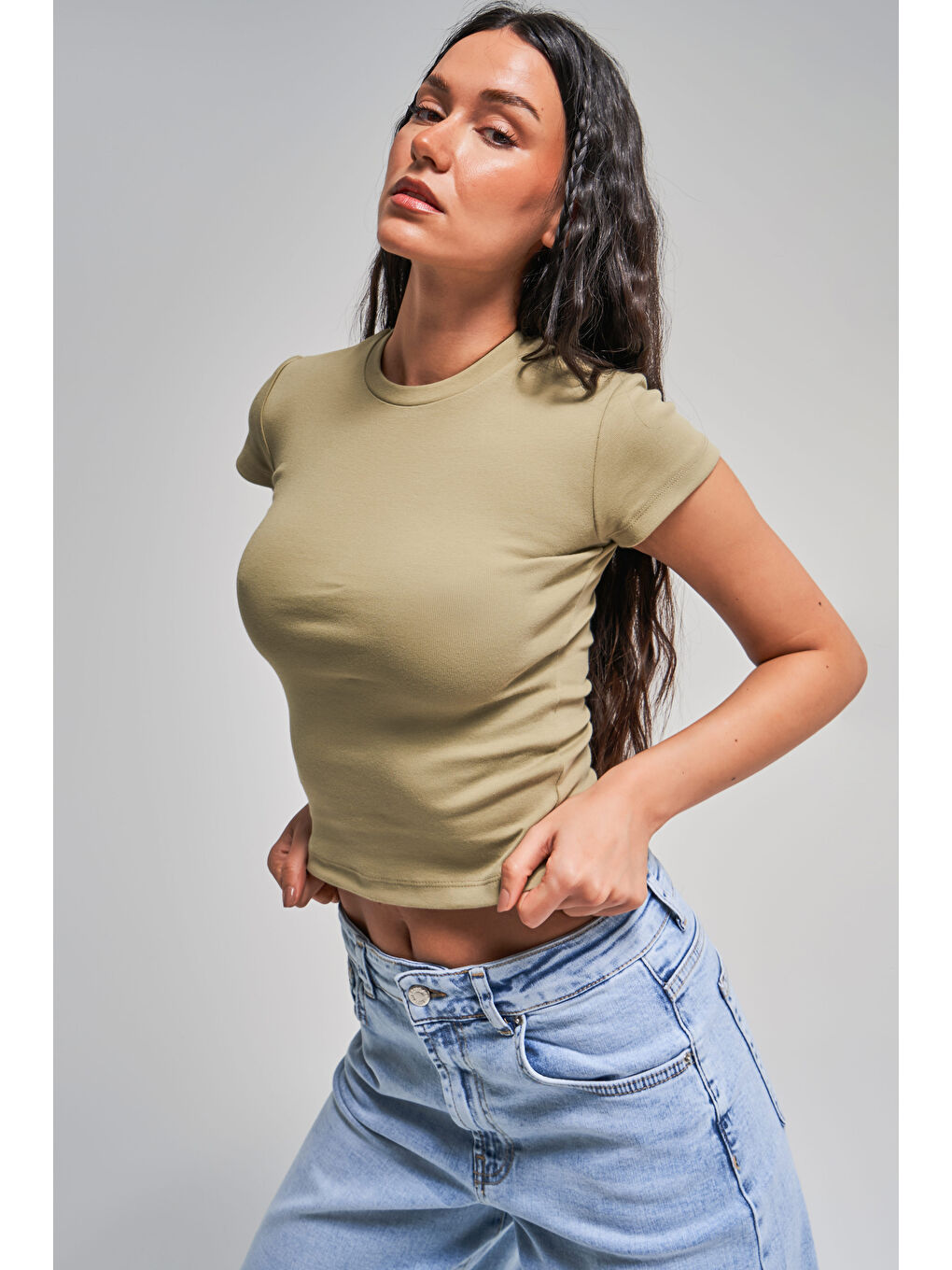 Kadın Haki Renk s5-15 Süper Esnek Kumaş %100 Pamuk Bisiklet Yaka Basic Body-1