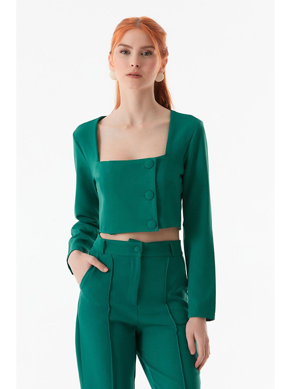 Yeşil Basic Düğmeli Crop Bluz-2
