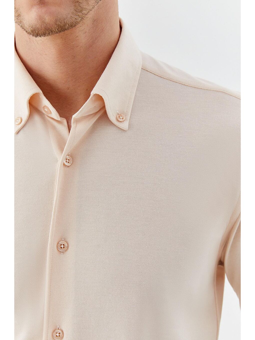 Ekru Erkek Krem Slim Fit Düğmeli Yaka Uzun Kollu Gömlek-2