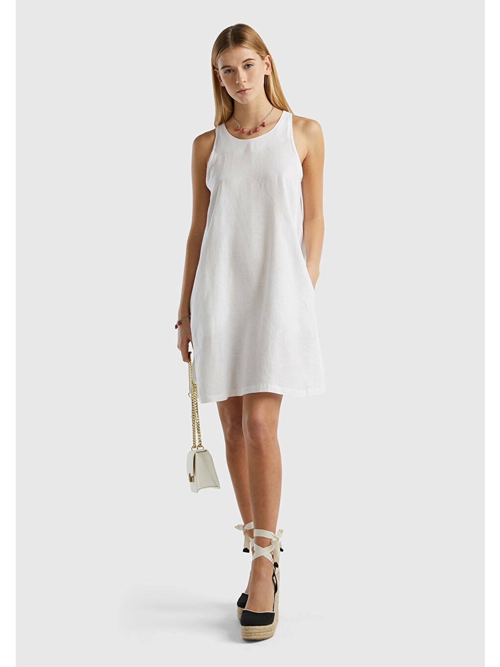 Kadın Beyaz %100 Keten Kolsuz Elbise-4