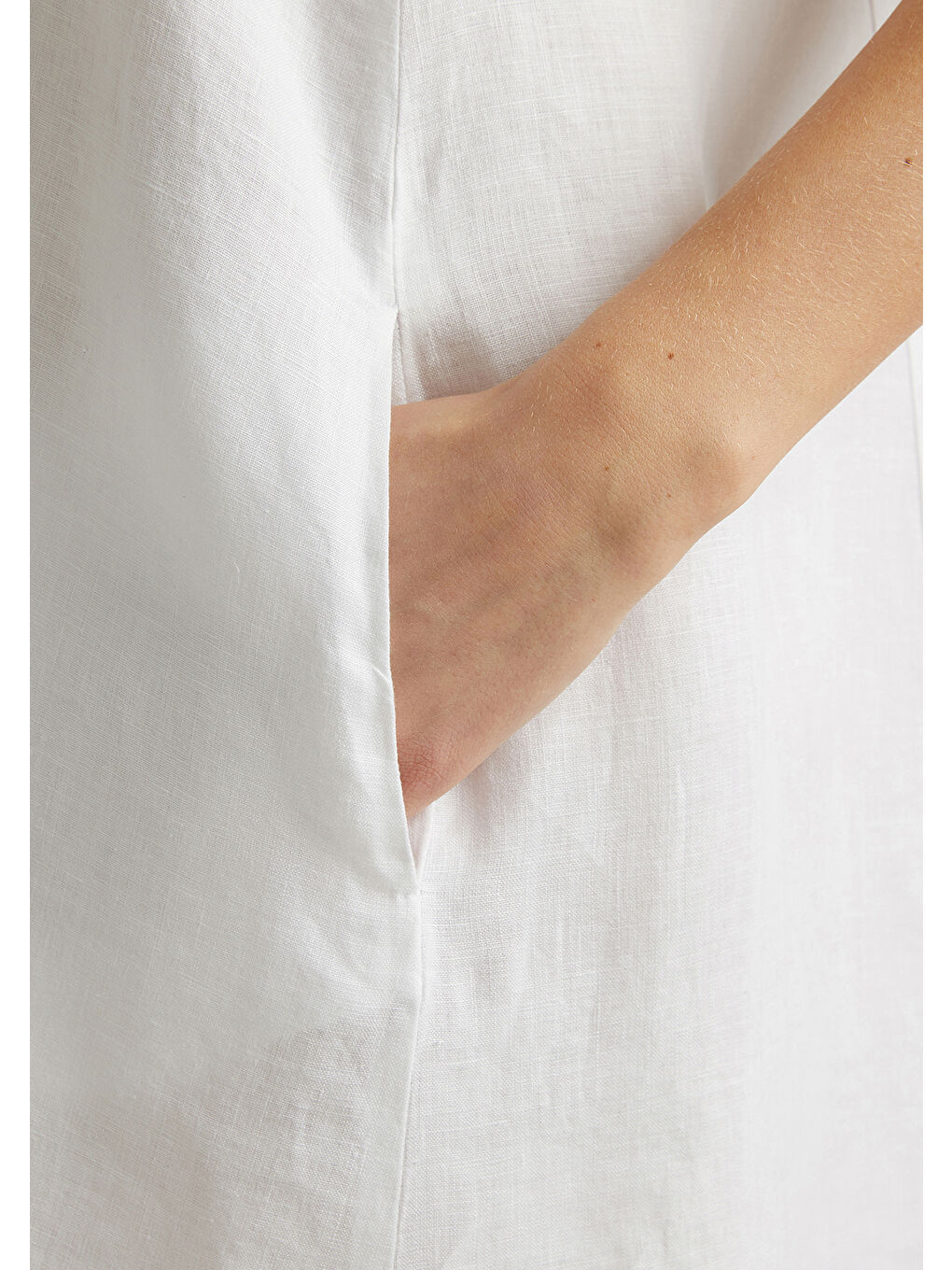 Kadın Beyaz %100 Keten Kolsuz Elbise-5