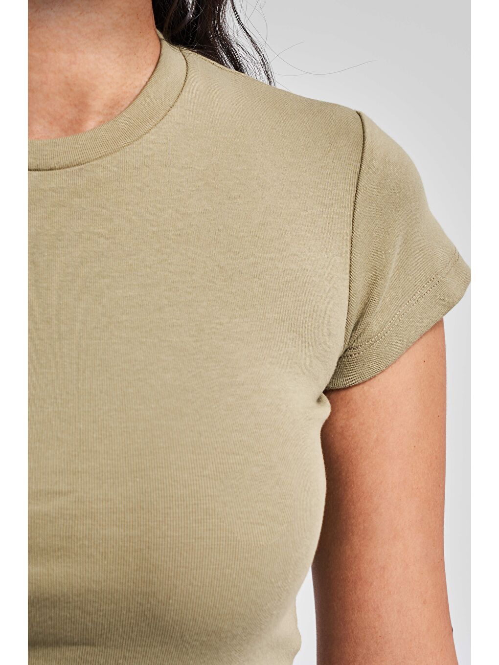 Kadın Haki Renk s5-15 Süper Esnek Kumaş %100 Pamuk Bisiklet Yaka Basic Body-2