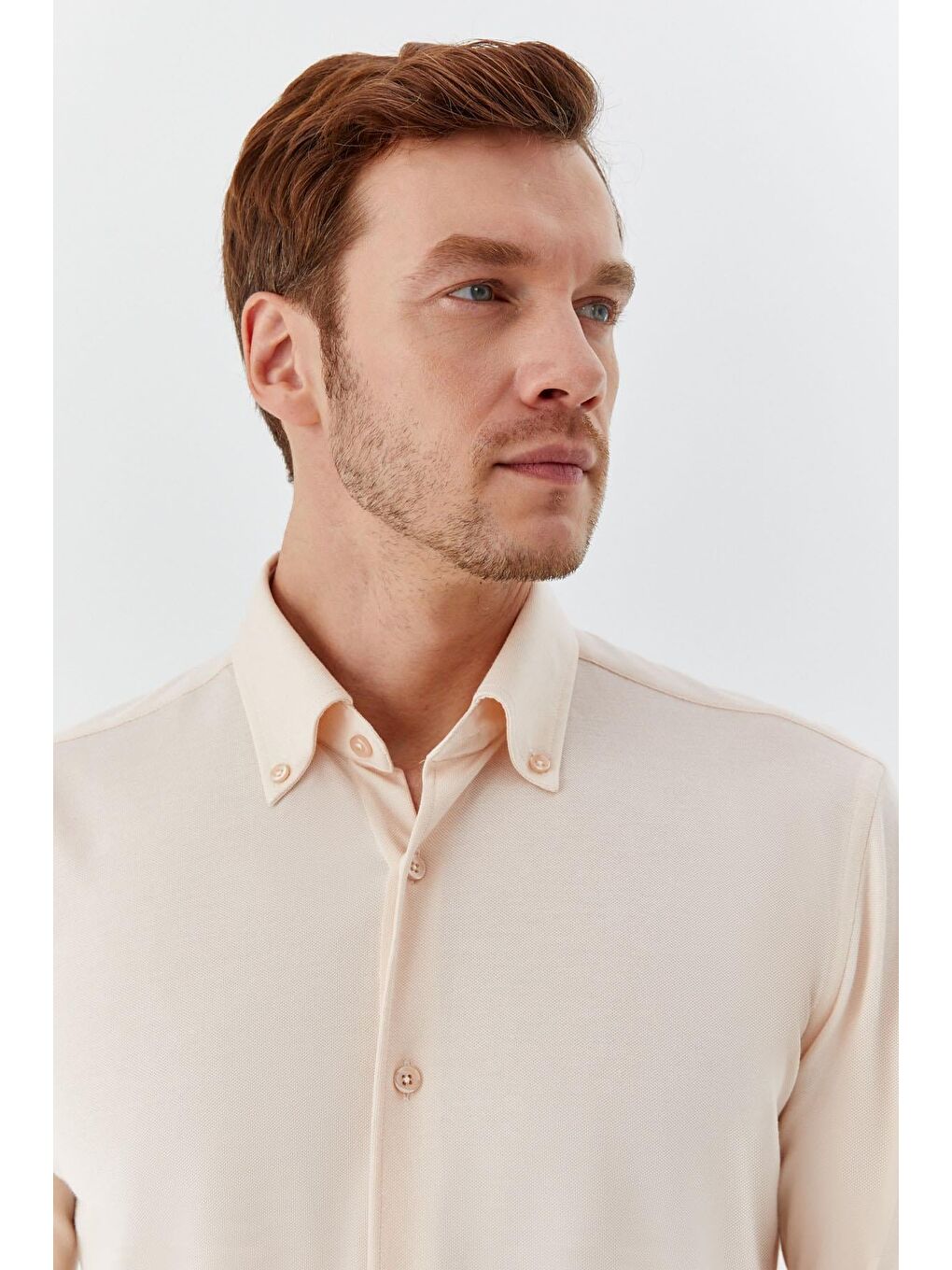Ekru Erkek Krem Slim Fit Düğmeli Yaka Uzun Kollu Gömlek-3