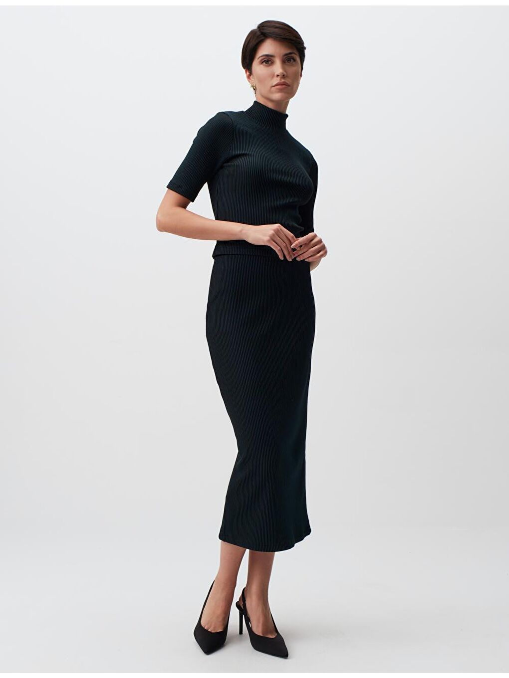 Koyu Yeşil Normal Bel Midi Etek-3