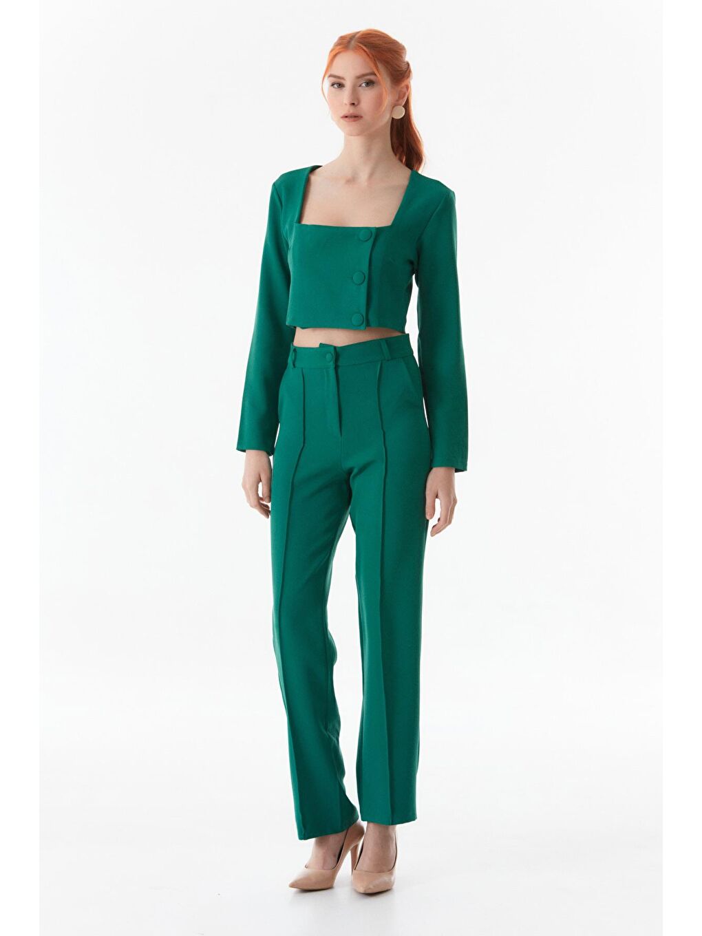 Yeşil Basic Düğmeli Crop Bluz-3