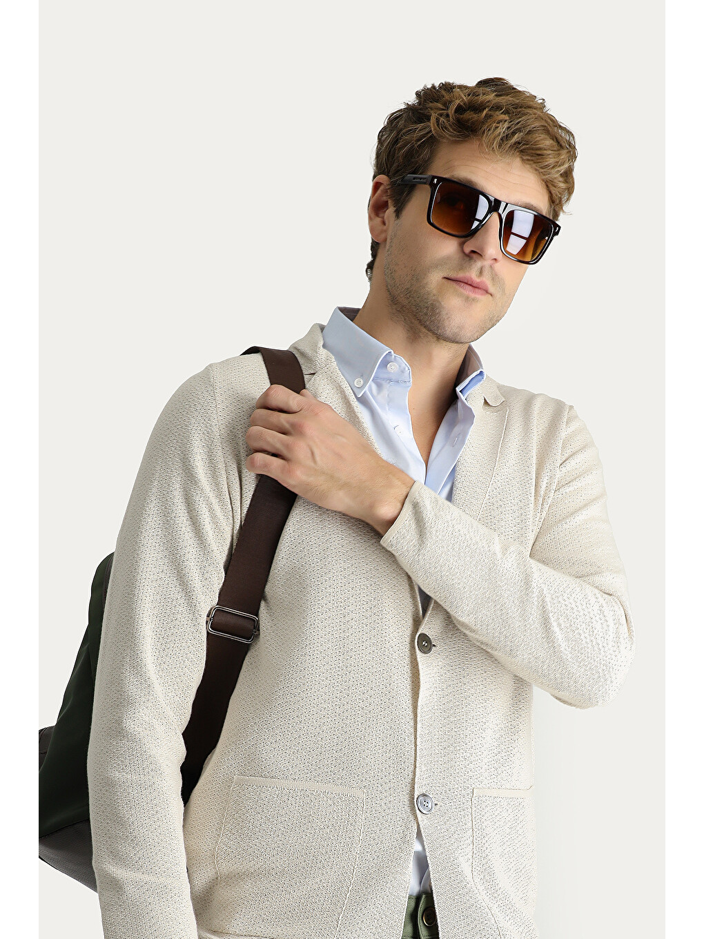 Bej Slim Fit Dar Kesim Desenli Pamuklu Triko Hırka-1