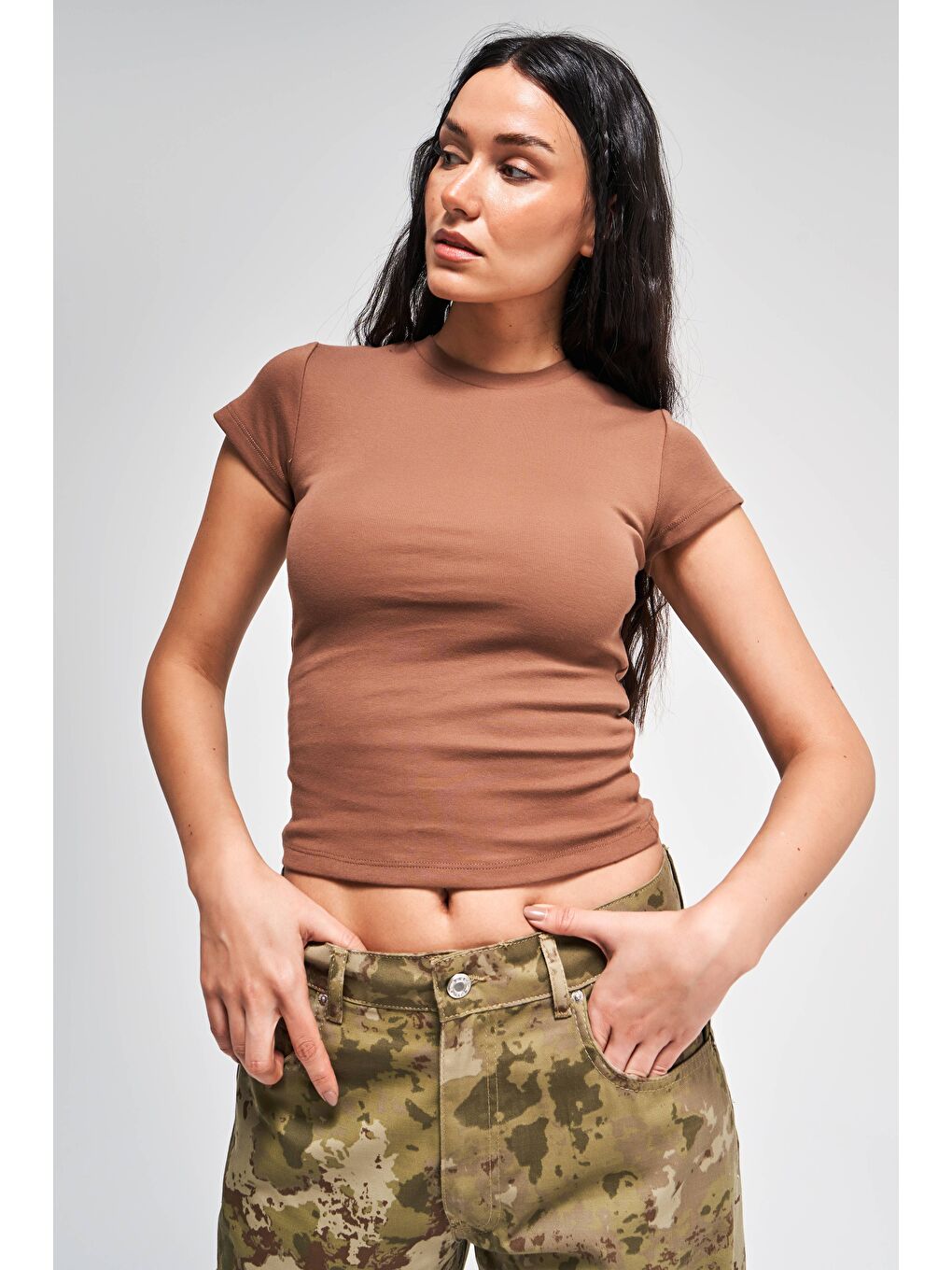 Kadın Kahverengi s5-81 Süper Esnek Kumaş %100 Pamuk Bisiklet Yaka Basic Body