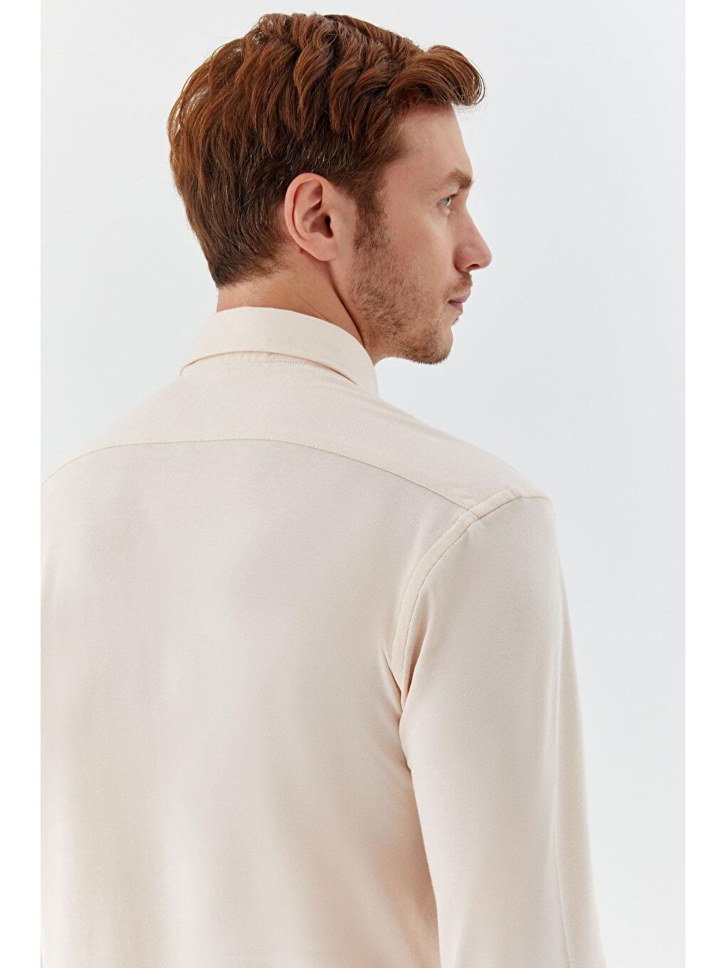 Ekru Erkek Krem Slim Fit Düğmeli Yaka Uzun Kollu Gömlek-5