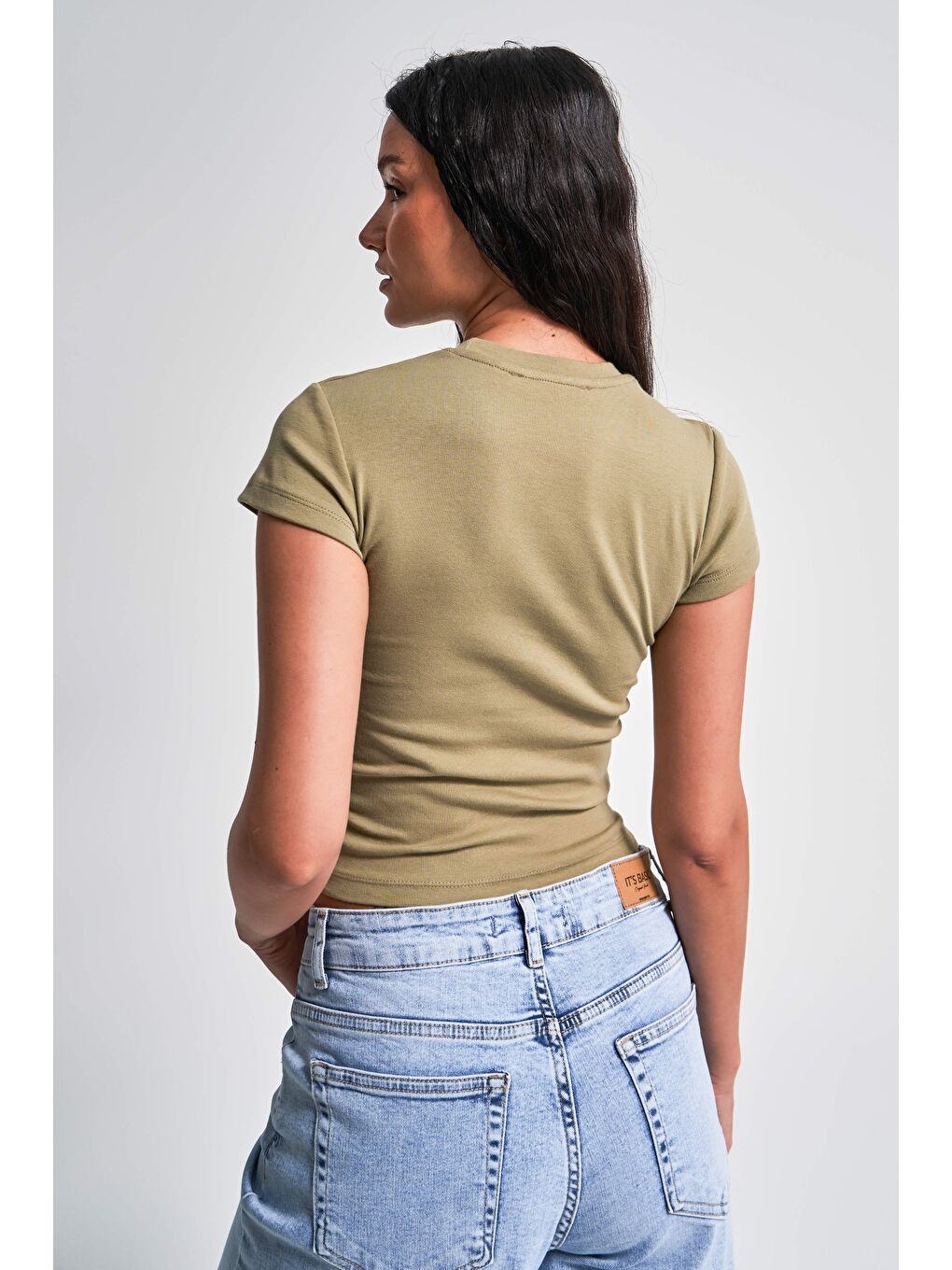 Kadın Haki Renk s5-15 Süper Esnek Kumaş %100 Pamuk Bisiklet Yaka Basic Body-3