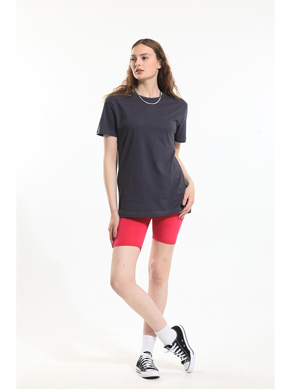 Antrasit Oversize Fit Pamuklu Kısa Kollu Basic Uniseks Kadın Tişört-2