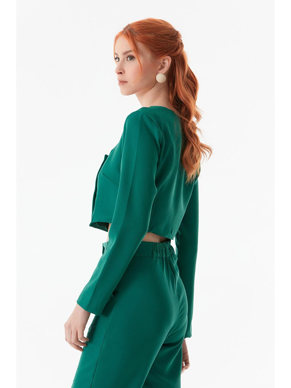 Yeşil Basic Düğmeli Crop Bluz-4