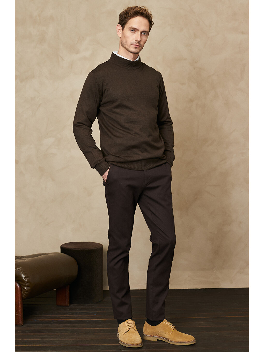 Erkek Haki Standart Fit Normal Kesim Yarım Balıkçı Yaka Yünlü Triko-1