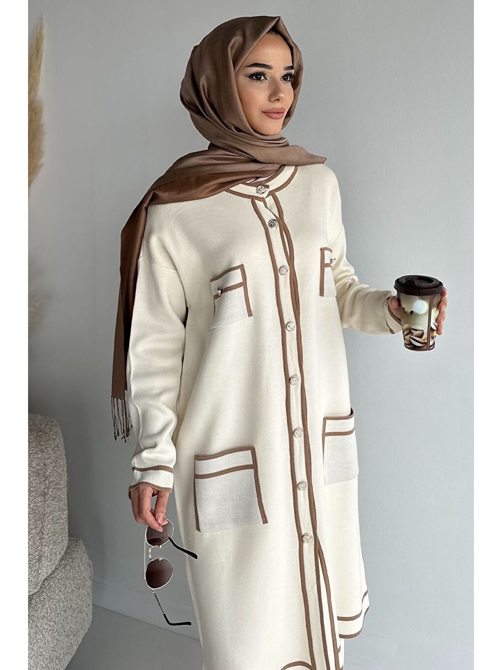 Ekru Ön Düğmeli Tesettür Triko Hırka Bel Lastikli Pantolon İkili Takım-4