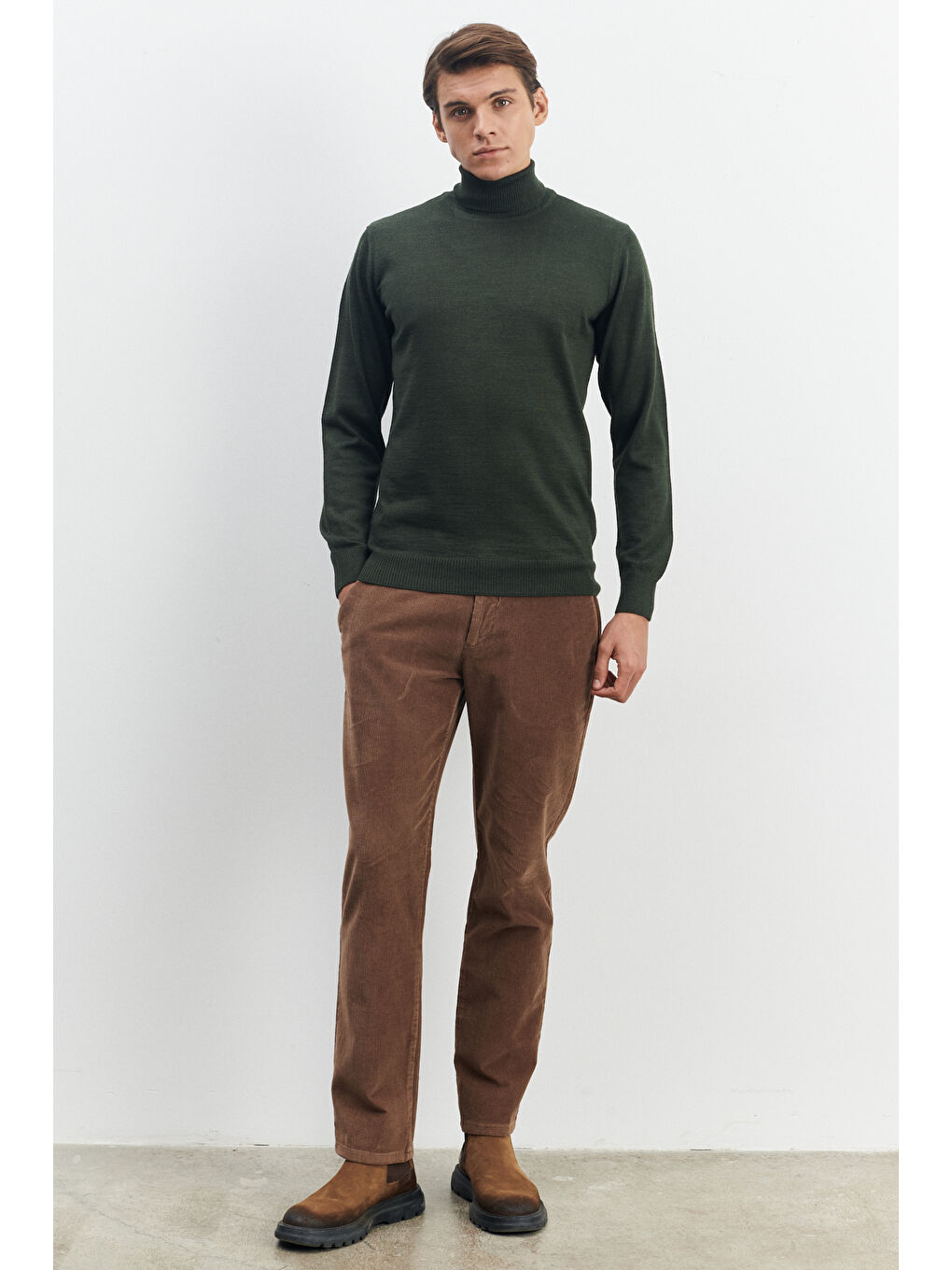 Erkek Haki Standart Fit Normal Kesim Tam Balıkçı Yaka Yünlü Triko Kazak-1