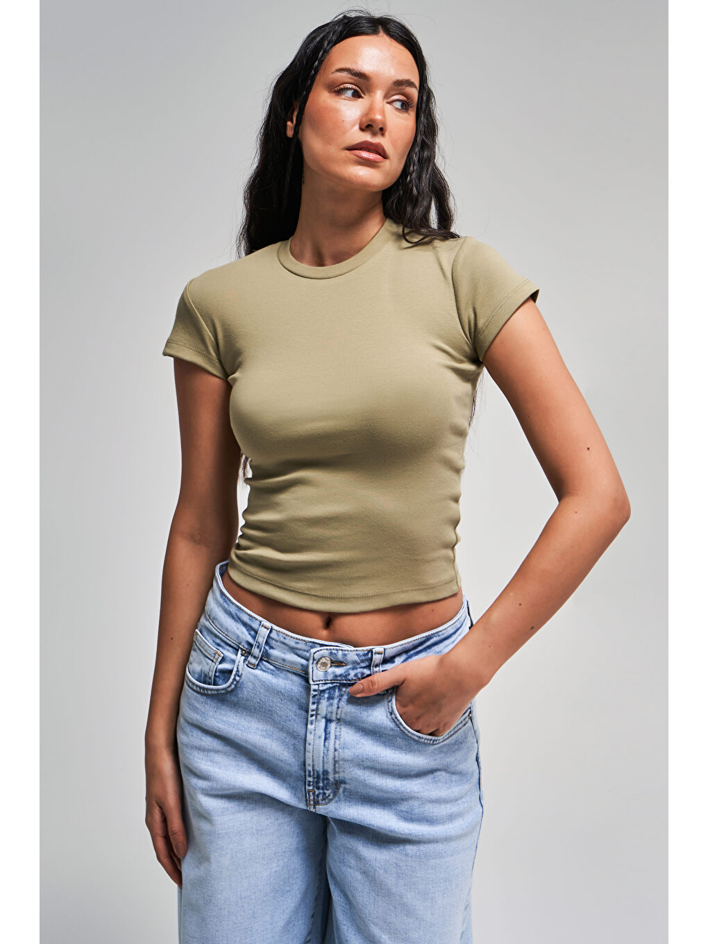 Kadın Haki Renk s5-15 Süper Esnek Kumaş %100 Pamuk Bisiklet Yaka Basic Body-4