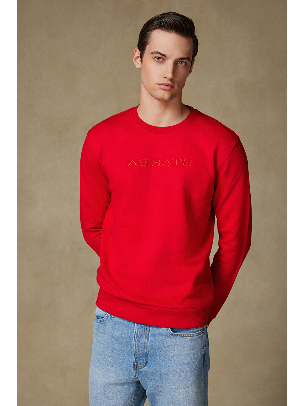 Sweatshirt Örme Kumaş Pamuklu Comfort Fit Kırmızı Bisiklet Yaka Erkek Nakışlı Sweatshirt