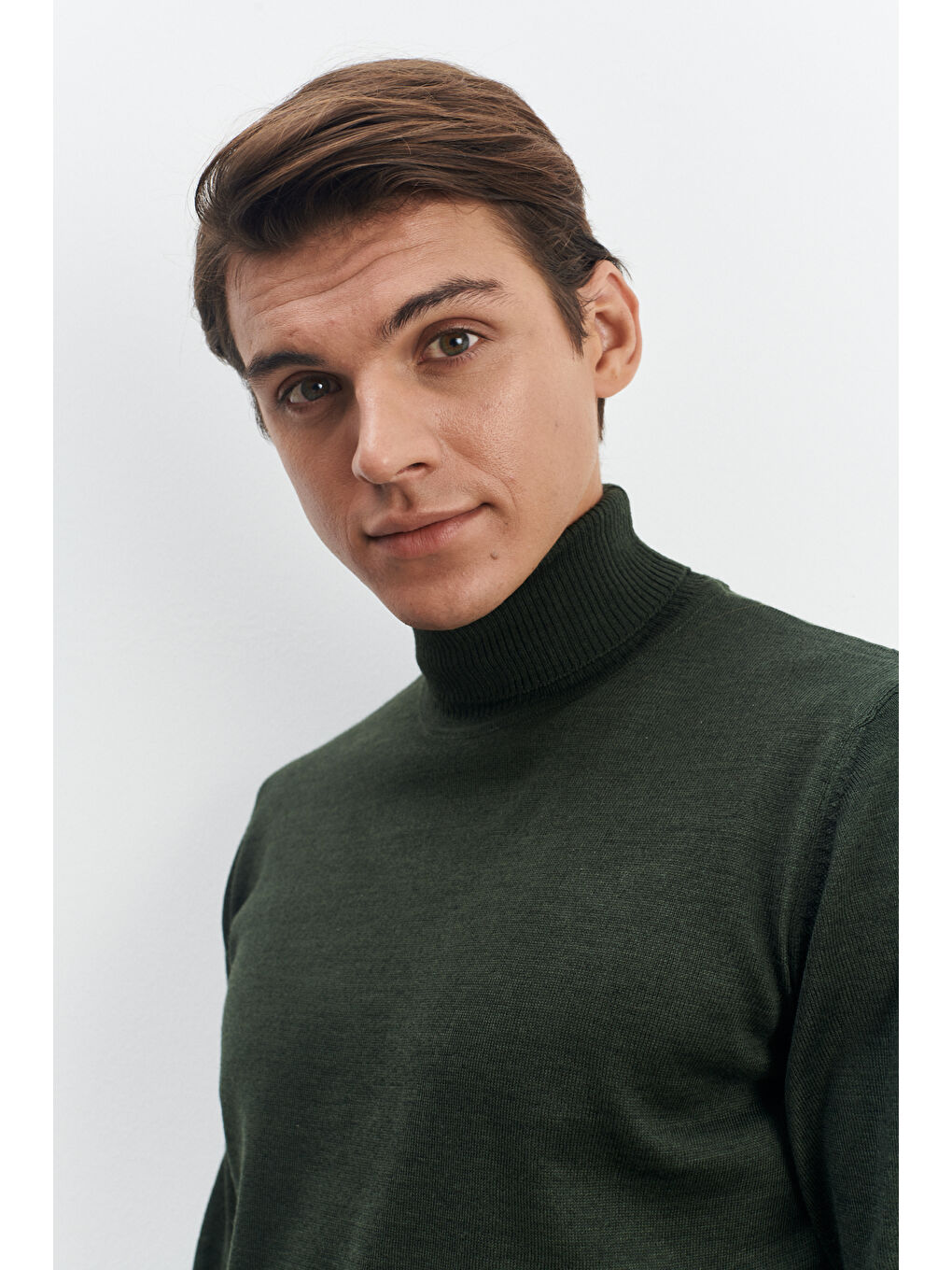 Erkek Haki Standart Fit Normal Kesim Tam Balıkçı Yaka Yünlü Triko Kazak-2