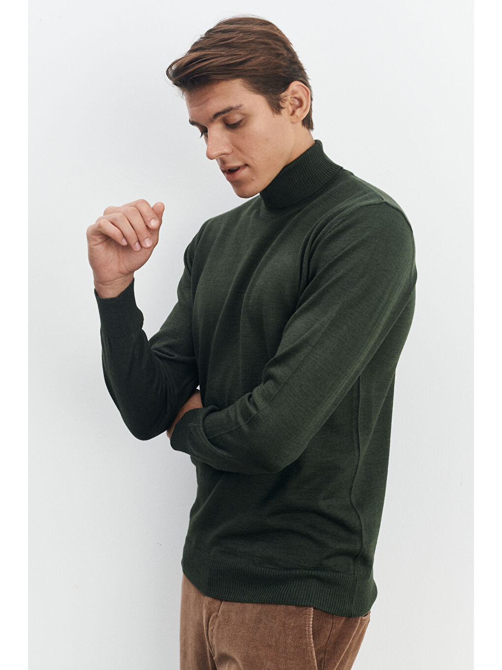 Erkek Haki Standart Fit Normal Kesim Tam Balıkçı Yaka Yünlü Triko Kazak-3