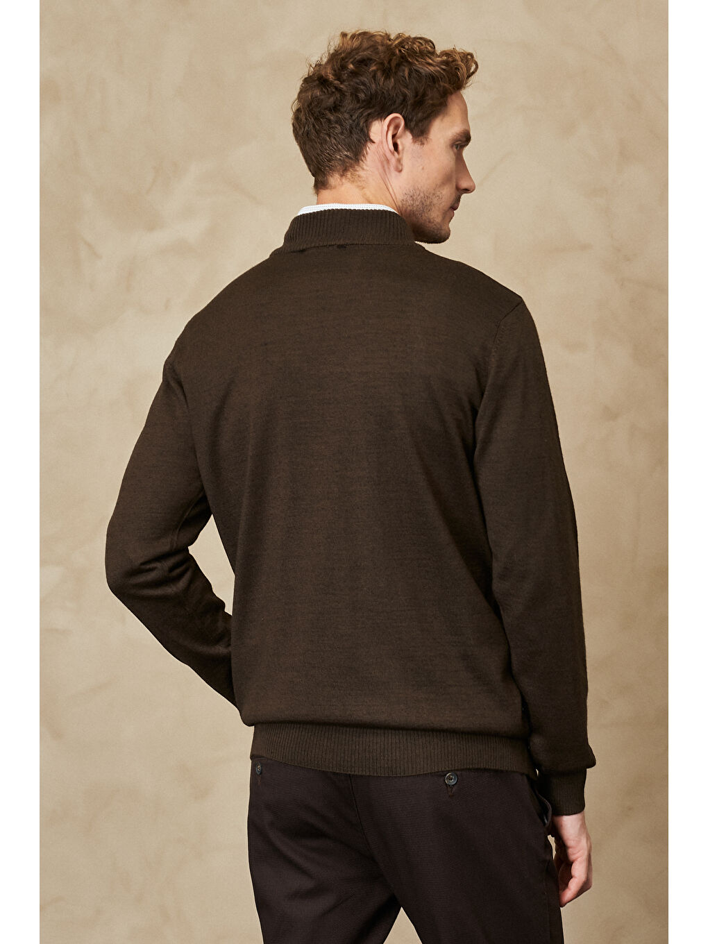 Erkek Haki Standart Fit Normal Kesim Yarım Balıkçı Yaka Yünlü Triko-4