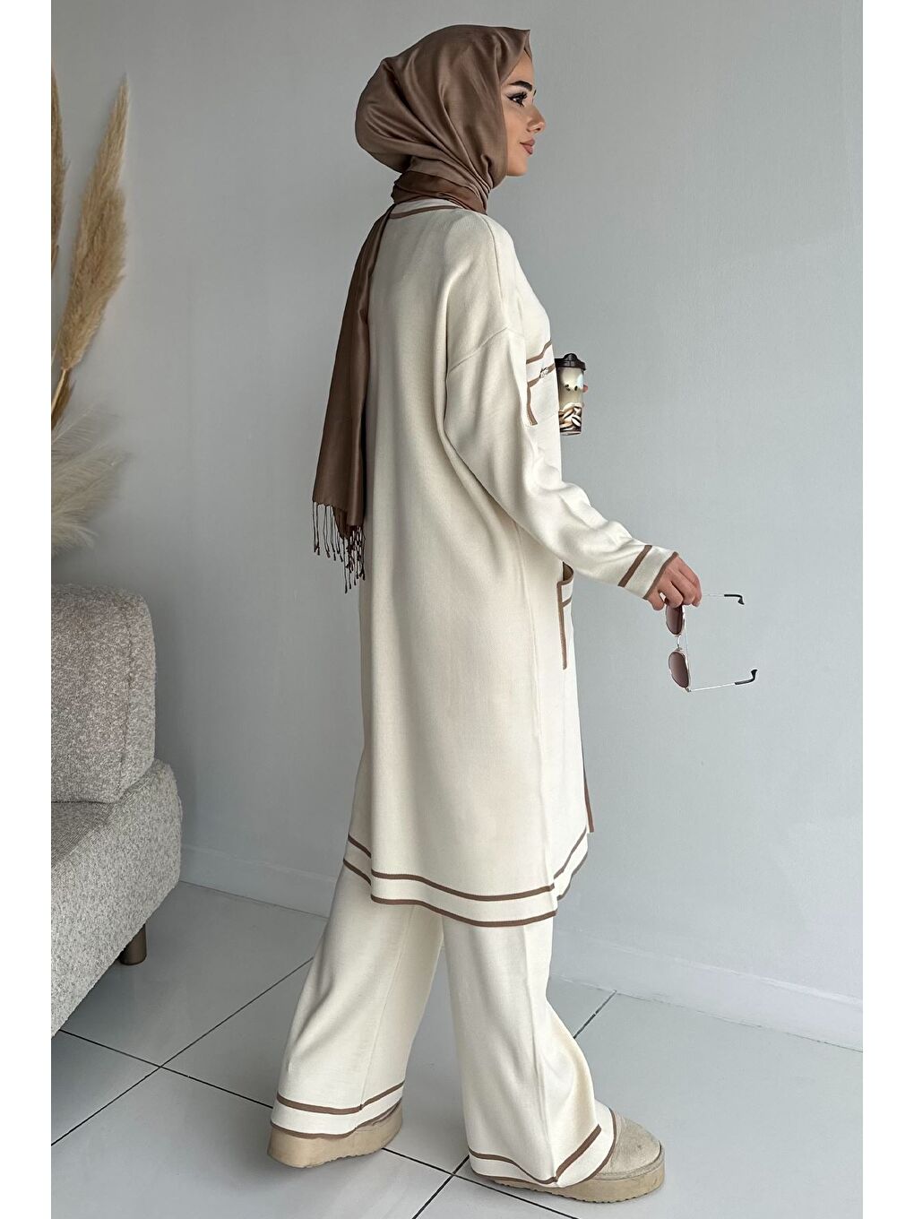 Ekru Ön Düğmeli Tesettür Triko Hırka Bel Lastikli Pantolon İkili Takım-7