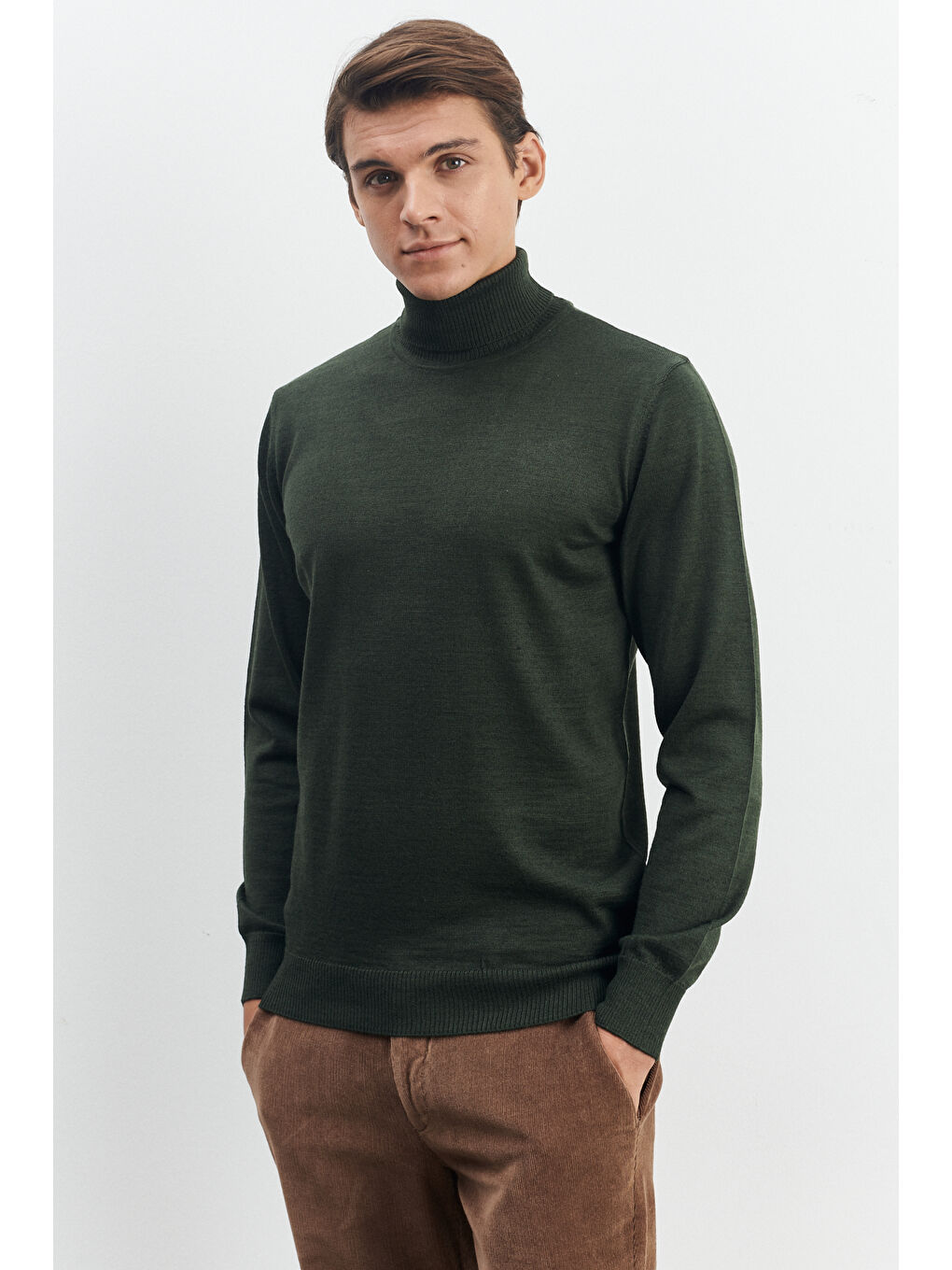 Erkek Haki Standart Fit Normal Kesim Tam Balıkçı Yaka Yünlü Triko Kazak-4