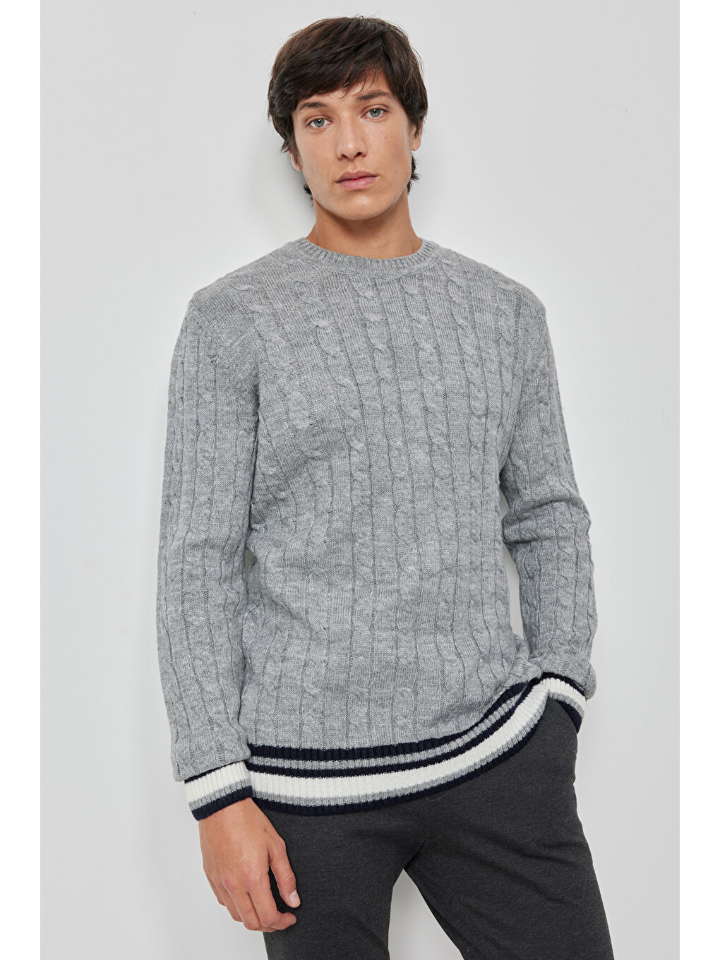 Erkek Gri Slim Fit  Normal Kesim Bisiklet Yaka Triko