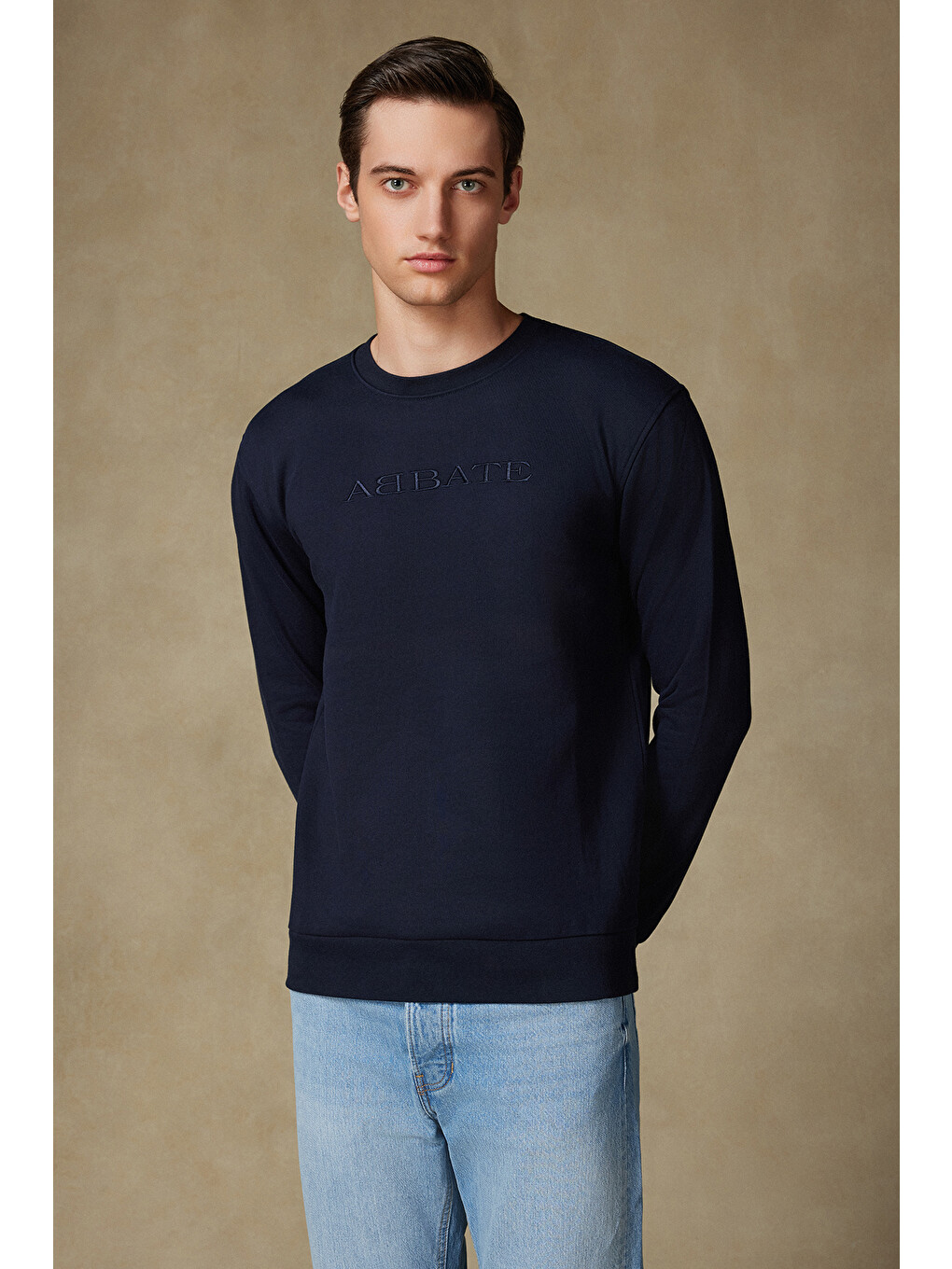 Sweatshirt Örme Kumaş Pamuklu Comfort Fit Lacivert Bisiklet Yaka Erkek Nakışlı Sweatshirt