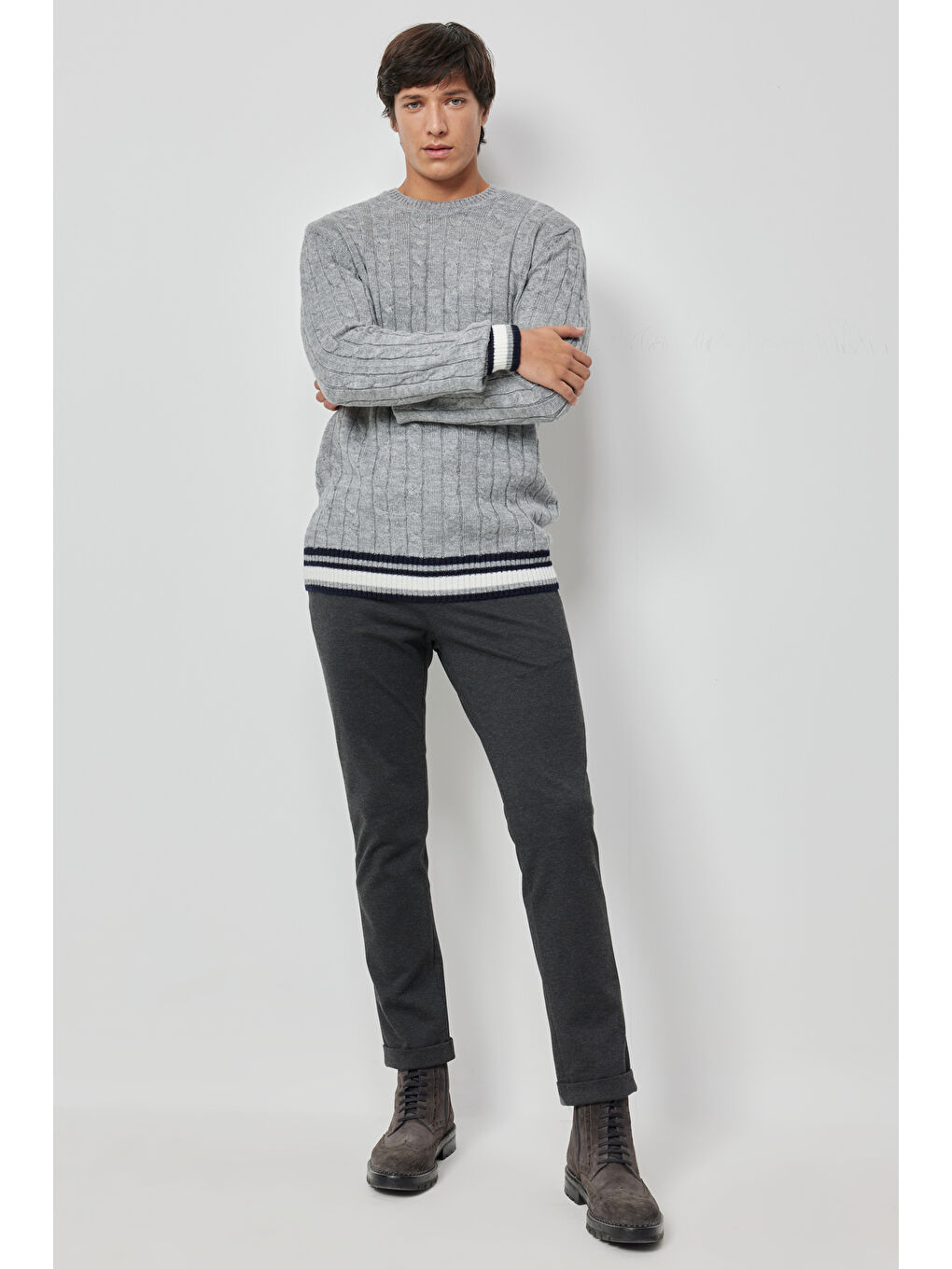 Erkek Gri Slim Fit  Normal Kesim Bisiklet Yaka Triko-1