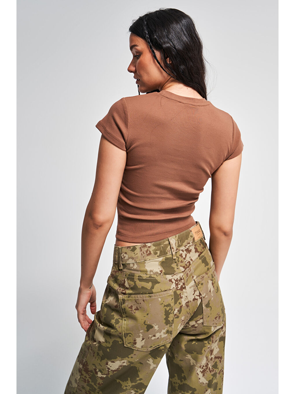 Kadın Kahverengi s5-81 Süper Esnek Kumaş %100 Pamuk Bisiklet Yaka Basic Body-2