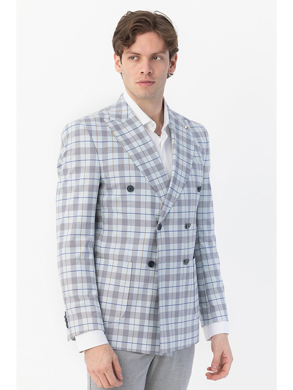 Giotelli Mavi Regular Fit Sivri Yaka Kruvaze Ekose Casual Ceket