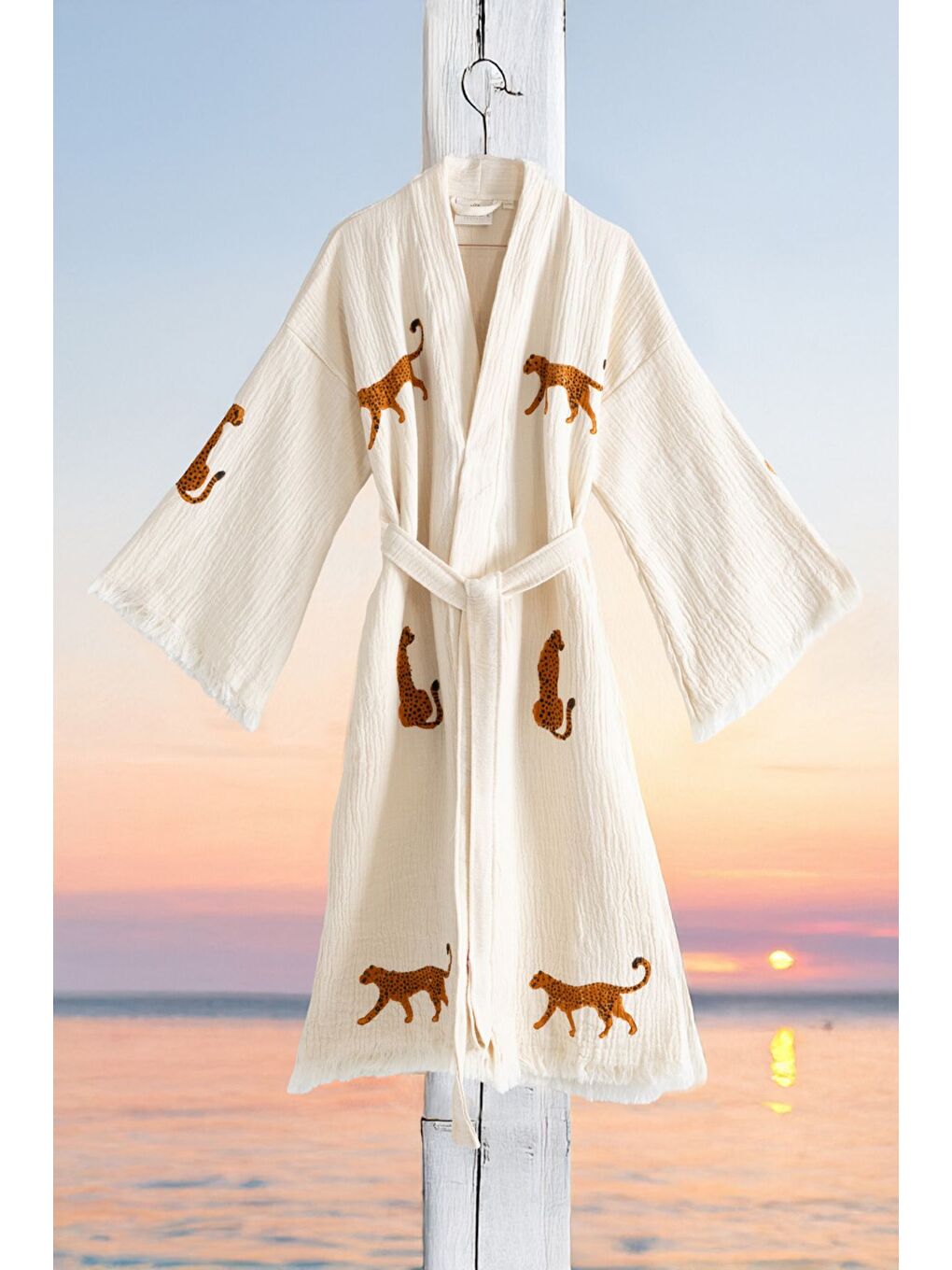 Ekru Organik %100 Pamuk Kimono Yaka Sabalık Bornoz Plaj Elbisesi - Leopar