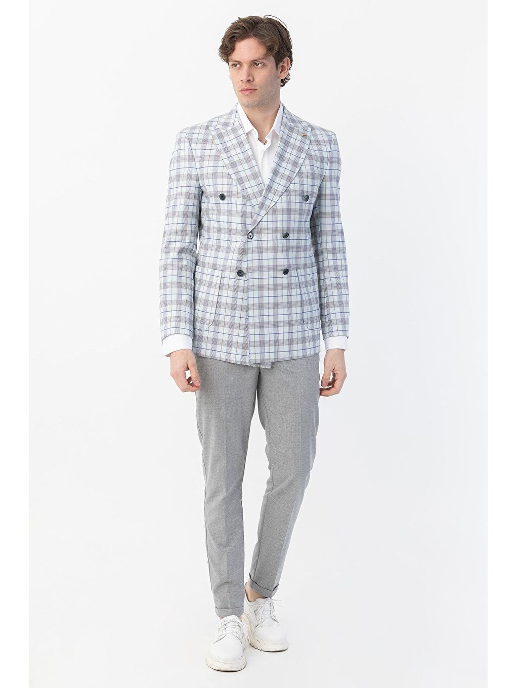 Giotelli Mavi Regular Fit Sivri Yaka Kruvaze Ekose Casual Ceket-2