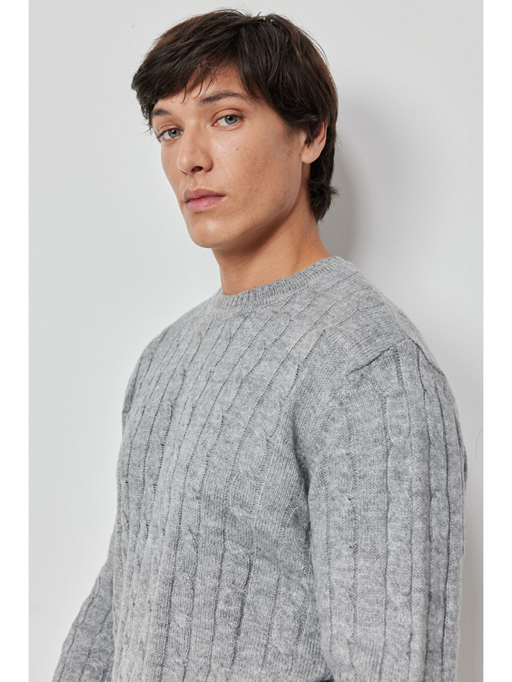 Erkek Gri Slim Fit  Normal Kesim Bisiklet Yaka Triko-3