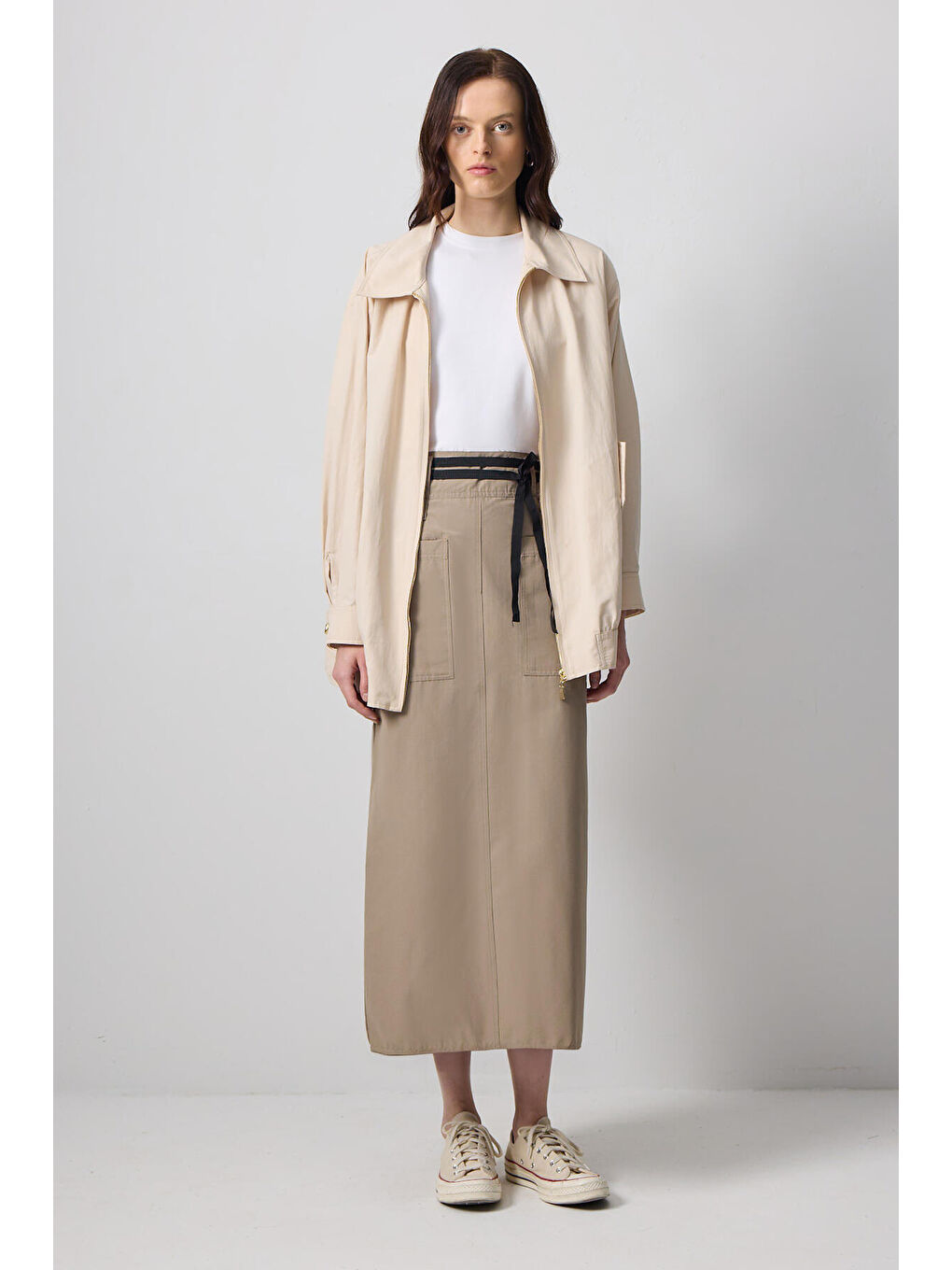Bej Geniş Cepli Etek-1