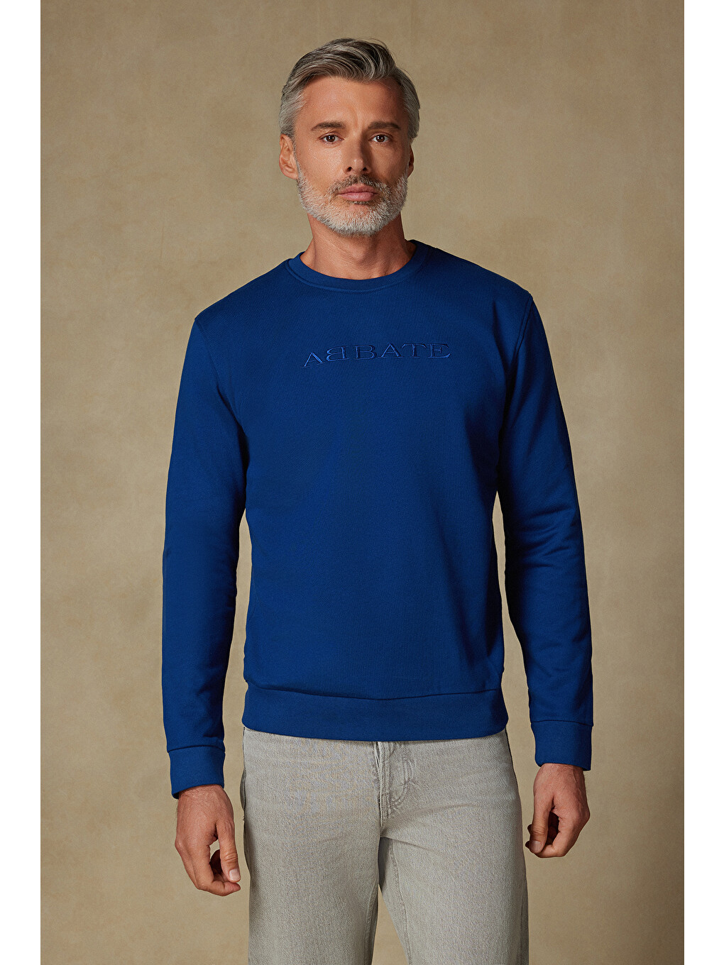 Mavi Sweatshirt Örme Kumaş Pamuklu Comfort Fit Saks Bisiklet Yaka Erkek Nakışlı Sweatshirt