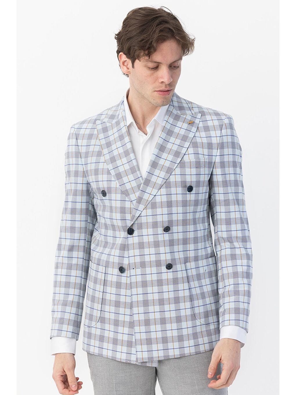 Giotelli Mavi Regular Fit Sivri Yaka Kruvaze Ekose Casual Ceket-3